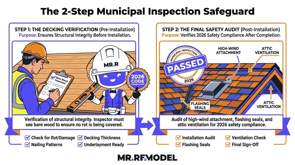 A 2026 roofing permit summary infographic illustrating the two mandatory municipal inspections: the pre-installation decking check and the final safety audit.